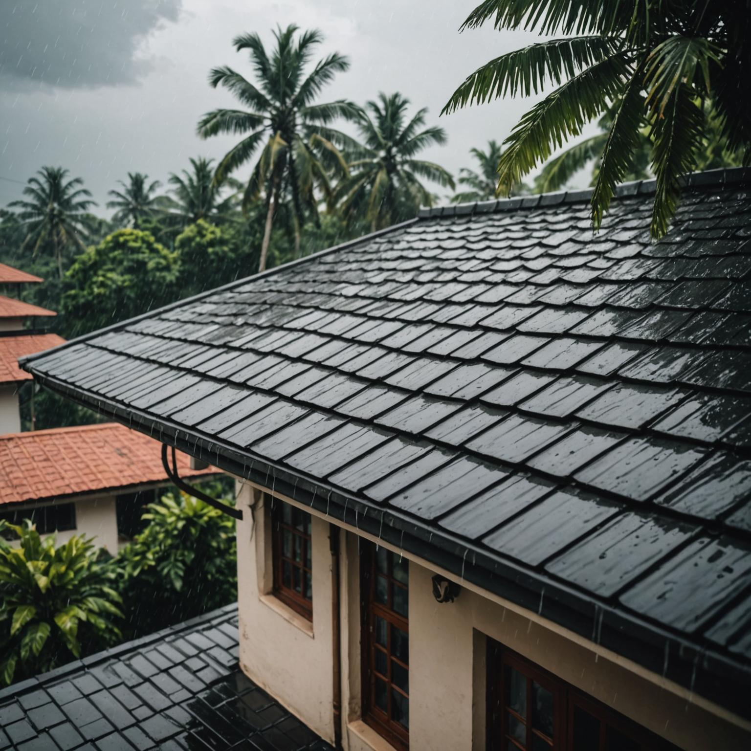 Heavy tropical rain on a Malaysian tile roof